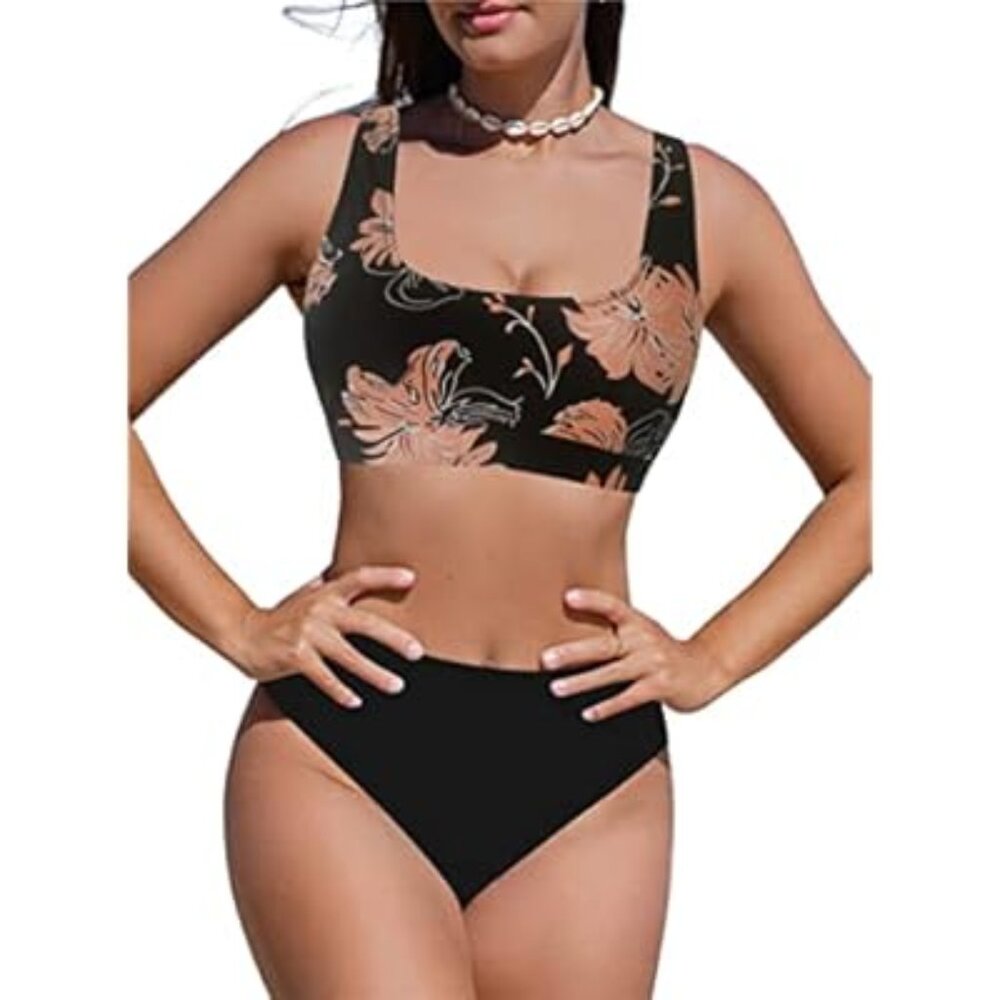 Hilinker Women's Floral Print 2 Piece Swimsuit Scoop Neck High Waisted Side Tie